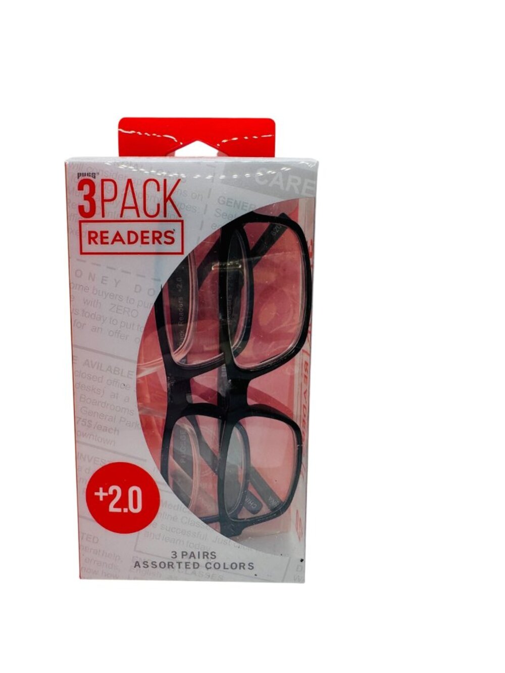 Pugs 3-Pack Reading Glasses +2.0 Assorted Colors With Spring Hinges